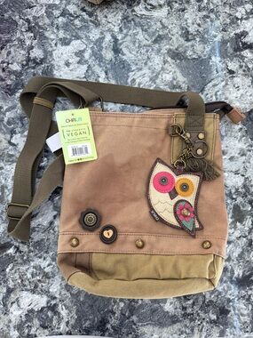 Chala Tan and Brown Crossbody Bag with Colorful Owl Charm change purse key ring